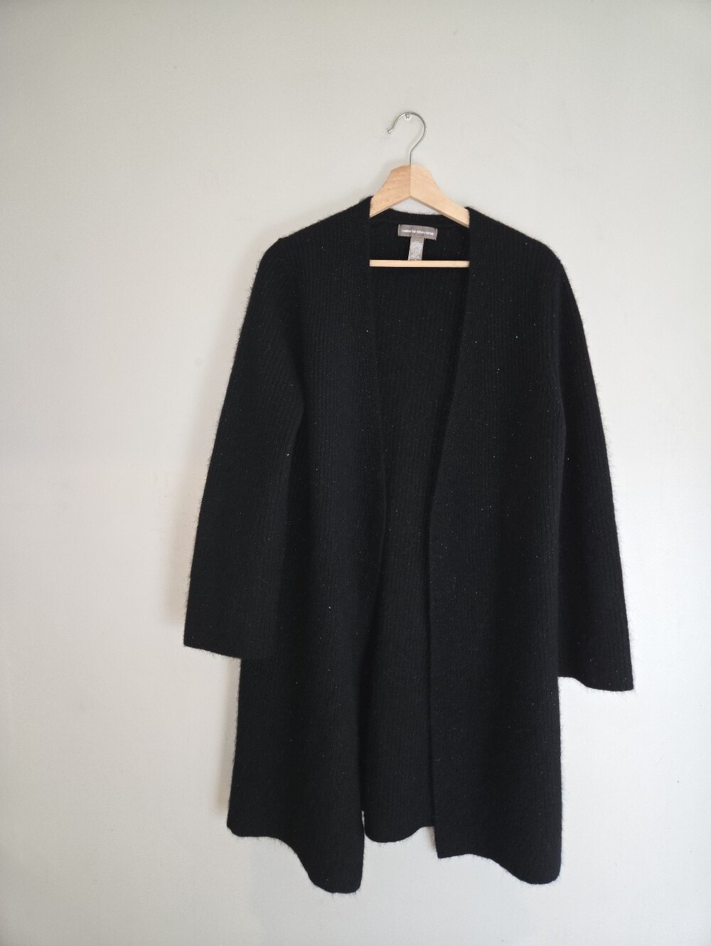 Vintage Valerie Stevens Black Angora Wool Beaded Longline Cardigan Duster M Glam